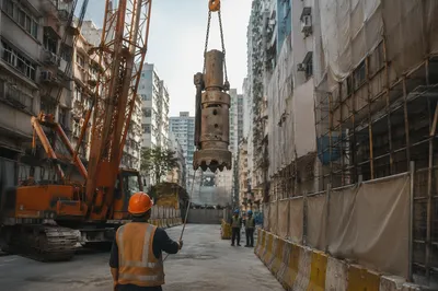 Urban Construction Crew Guiding Crane Lift