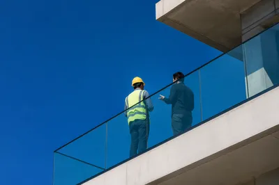 Construction Workers on Modern Building Balcony
