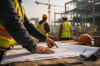 Construction Team Reviewing Blueprints at Sunrise