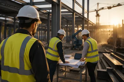Construction Workers Reviewing Plans at Sunrise
