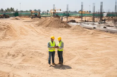 Construction Workers Reviewing Plans on Building Site