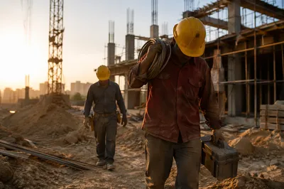 Construction Workers Walking Through Active Building Site