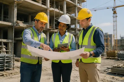 Construction Workers Reviewing Blueprint on Site