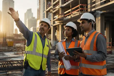 Construction Team Reviewing Plans at Sunrise