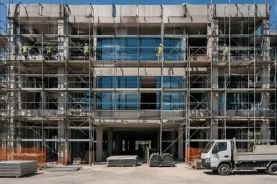 Commercial Construction Workers on Urban Scaffolding