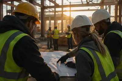 Construction Team Reviewing Plans at Sunrise