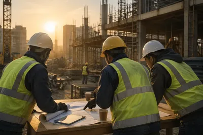 Construction Workers Reviewing Blueprints at Sunrise