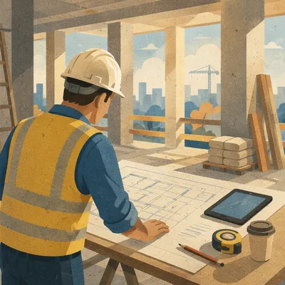 Construction Worker Reviewing Blueprint Plans