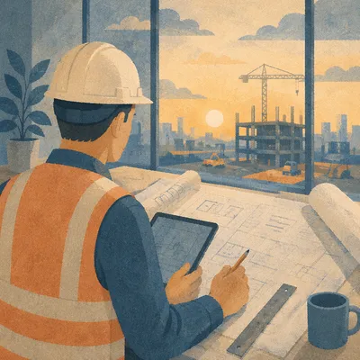 Construction Worker Reviewing Blueprints at Sunrise