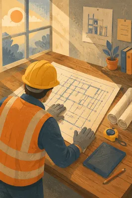 Construction Worker Reviewing Blueprint at Desk