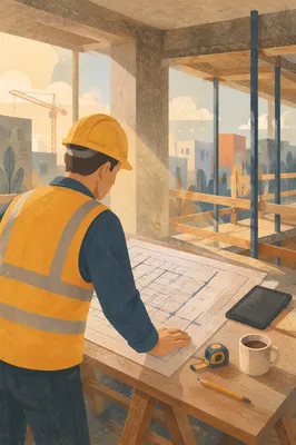 Construction Worker Reviewing Blueprints at Sunrise