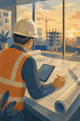 Construction Worker Reviewing Blueprints at Sunrise