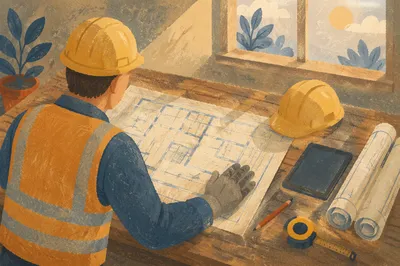 Construction Worker Reviewing Blueprint at Site Office