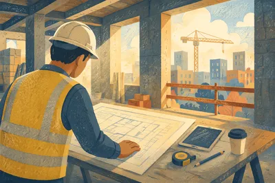 Construction Worker Reviewing Blueprint at Sunrise