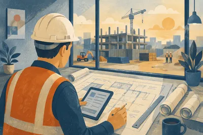 Construction Worker Reviewing Blueprints at Sunrise