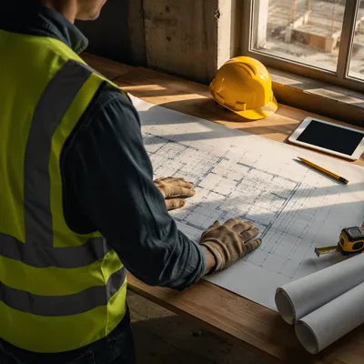 Construction Worker Reviewing Blueprint at Site Office