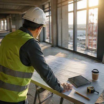 Construction Worker Reviewing Blueprint in Sunlight