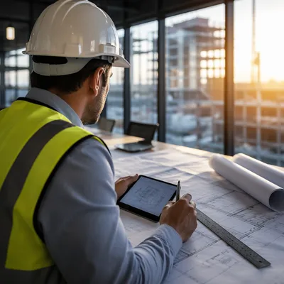 Construction Worker Reviewing Blueprints at Sunrise