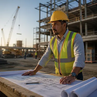 Construction Professional Reviewing Blueprints at Sunrise