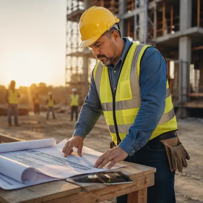 Construction Worker Reviewing Blueprints at Sunrise