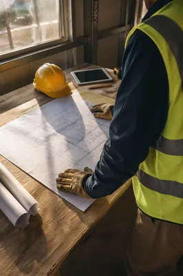 Construction Worker Reviewing Blueprint in Site Office