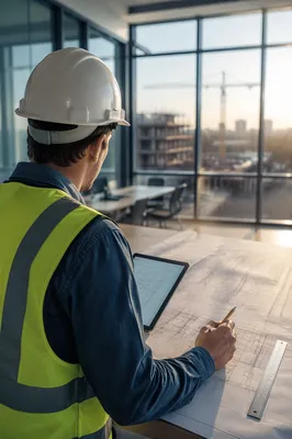 Construction Worker Reviewing Blueprints at Sunrise