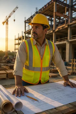 Construction Professional Reviewing Blueprints at Sunrise