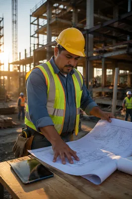 Construction Worker Reviewing Blueprints at Sunrise