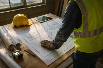 Construction Worker Reviewing Blueprint in Site Office