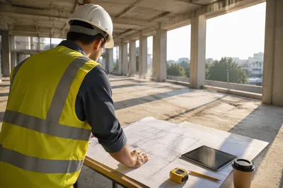 Construction Worker Reviewing Blueprints Indoors