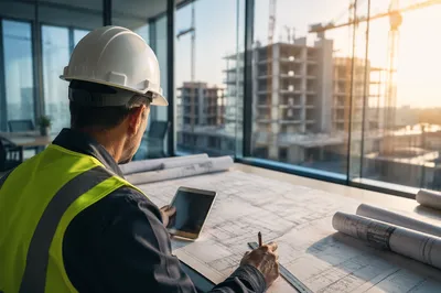 Construction Worker Reviewing Blueprints at Sunrise