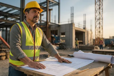 Construction Professional Reviewing Blueprints at Sunrise