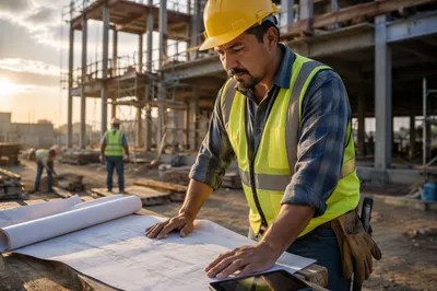 Construction Worker Reviewing Blueprints at Sunrise