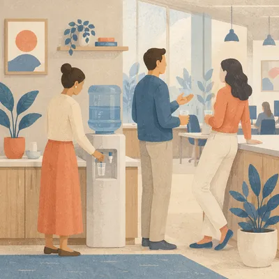 Coworkers Chatting by Office Water Cooler