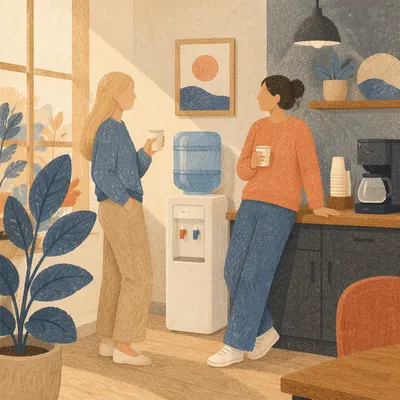 Coworkers Chatting at Office Water Cooler