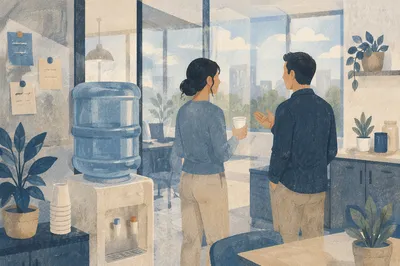 Coworkers Chatting by Office Water Cooler