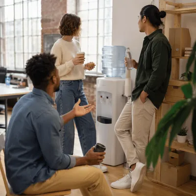 Coworkers Chatting at Office Water Cooler