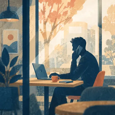Freelancer in Quiet Coworking Cafe Silhouette