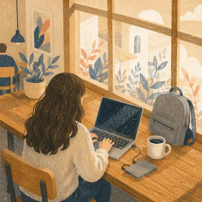 Freelancer Working in Sunlit Coworking Cafe