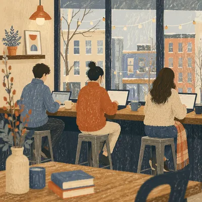 Cozy Coworking Cafe Freelancers at Window Counter