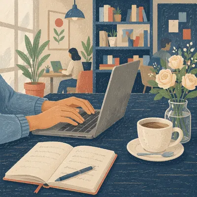 Cozy Coworking Freelancer Desk With Coffee