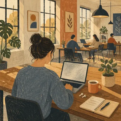 Freelancer Laptop and Coffee in Coworking Space