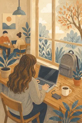 Freelancer Working in Sunlit Coworking Cafe