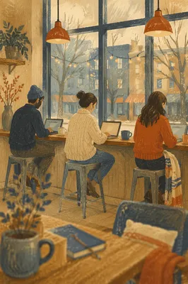 Cozy Coworking Cafe Freelancers at Window Counter