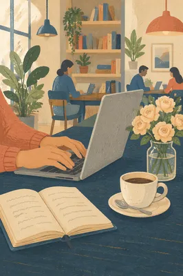 Freelancer Laptop and Coffee in Coworking Lounge