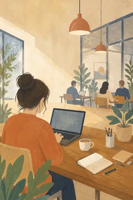 Freelancer Laptop Coffee in Coworking Morning