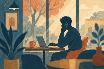 Freelancer in Quiet Coworking Cafe Silhouette