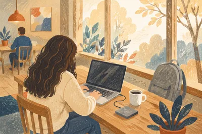 Freelancer Working in Sunlit Coworking Cafe