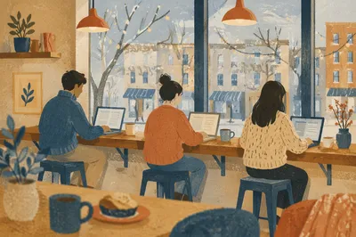 Cozy Coworking Cafe Freelancers at Window Counter