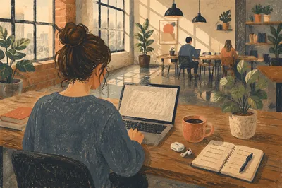 Freelancer Laptop and Coffee in Coworking Space